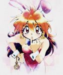  1girl 90s animal_ears araizumi_rui bare_shoulders bow bowtie breasts bunny_day bunny_girl bunnysuit cleavage detached_collar earrings eyebrows eyebrows_visible_through_hair fake_animal_ears hand_on_hip highres jewelry leaning_forward leotard lina_inverse lips long_hair orange_eyes orange_hair pantyhose rabbit_ears red_leotard slayers solo strapless strapless_leotard white_legwear wrist_cuffs 