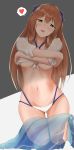  1girl absurdres alternate_costume bangs bikini blue_ribbon blush breasts brown_hair collarbone eyebrows_visible_through_hair girls_frontline green_eyes hair_between_eyes hair_ribbon hair_rings half-closed_eyes head_tilt heart highres huge_filesize incredibly_absurdres large_breasts lifted_by_self long_hair looking_at_viewer m1903_springfield_(girls_frontline) natsuki_(mclarenmiz) navel o-ring o-ring_top open_mouth ribbon sarong see-through shirt shirt_lift sidelocks simple_background smile solo spoken_heart stomach swimsuit thighs tied_shirt under_boob undressing white_bikini white_shirt 