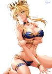  1girl anklet arm_under_breasts artoria_pendragon_(all) artoria_pendragon_(lancer) bangs bare_shoulders belly_chain bikini blonde_hair blue_bikini bracelet breast_hold breasts cleavage closed_mouth collarbone commentary_request cross crown day eyelashes fate/grand_order fate_(series) flower green_eyes hair_between_eyes hair_flower hair_ornament highres hips jewelry large_breasts light_rays lips long_hair looking_at_viewer navel sakiyamama sidelocks simple_background sitting sky smile solo swimsuit thigh_strap thighs under_boob waist wariza white_background white_pupils 