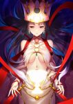  1girl breasts commentary_request cosplay crown dress_of_heaven expressionless eyelashes fate/grand_order fate_(series) gold_trim irisviel_von_einzbern irisviel_von_einzbern_(caster) irisviel_von_einzbern_(caster)_(cosplay) ishtar_(fate/grand_order) looking_at_viewer navel open_mouth solo under_boob upper_body yaoshi_jun 