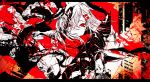  1girl 3kuma hair_ornament hairclip highres kagerou_project letterboxed looking_at_viewer red_eyes red_scarf scarf school_uniform short_hair solo splatter tateyama_ayano upper_body 