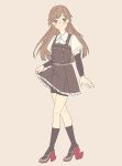  1girl arashio_(kantai_collection) arm_warmers bike_shorts black_legwear blush brown_eyes brown_hair dress dress_lift eyebrows_visible_through_hair full_body highres kantai_collection kneehighs lifted_by_self long_hair looking_at_viewer pinafore_dress pink_background remodel_(kantai_collection) shirt short_sleeves simple_background solo white_shirt yama_(yam0a) 