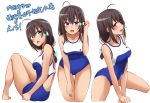  1girl :d backless_outfit bangs bare_arms bare_legs bare_shoulders barefoot blue_swimsuit blush bow braid breasts brown_hair collarbone commentary_request competition_school_swimsuit eyebrows_visible_through_hair gluteal_fold green_bow hair_between_eyes hair_bow high_school_fleet highres kapatarou long_hair medium_breasts multiple_views one-piece_swimsuit open_mouth side_braid simple_background sitting smile swimsuit translated uchida_mayumi violet_eyes white_background 