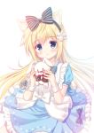  1girl animal_ears blonde_hair blue_eyes dress fox_ears fox_girl frilled_dress frills hairband long_hair misaki_yuu original puffy_short_sleeves puffy_sleeves short_sleeves simple_background smile stuffed_animal stuffed_bunny stuffed_toy white_background 