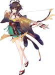  1girl antenna_hair arrow bare_shoulders bow_(weapon) bra brown_hair edoshiyakata_(oshiro_project) full_body fuyuno_yuuki green_skirt hakama_skirt holding holding_arrow holding_bow_(weapon) holding_weapon japanese_clothes kimono long_hair low-tied_long_hair official_art oshiro_project oshiro_project_re pleated_skirt purple_bra seigaiha skirt transparent_background underwear weapon zouri 