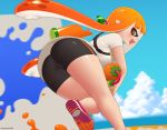  1girl artist_name ass bent_over bike_shorts blue_sky blush clouds domino_mask fang ink inkling kuroonehalf mask nintendo open_mouth orange_eyes orange_hair pointy_ears running shirt sidelocks sky smile solo splatoon splatoon_1 tentacle tentacle_hair white_shirt 