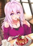  1girl bangs bare_shoulders blueberry blush breasts cappuccino_(drink) chains coffee_mug collarbone commentary_request cu-no cup day dress dutch_angle eyebrows_visible_through_hair food fork fruit hair_between_eyes hisenkaede holding holding_fork holding_knife ice_cream indoors jewelry knife large_breasts long_hair long_sleeves looking_at_viewer mug open_mouth pancake pendant pink_hair plate purple_dress saucer shoulder_cutout single_hair_intake sitting solo stack_of_pancakes strawberry sunlight table violet_eyes window yayoi_sakura 