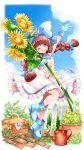  1girl ;d arm_up blue_bow blue_footwear blue_gloves blue_sky blush bow braid brick brown_eyes brown_hair clouds dorothy_(teria_saga) dress fence flower gloves hair_bow highres kawanobe long_hair looking_at_viewer one_eye_closed open_mouth outdoors picnic_basket plant potted_plant sky smile solo standing summer sundress sunflower teria_saga twin_braids twintails watering_can white_dress 