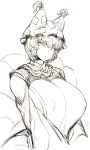  1girl breast_squeeze breasts covered_nipples eyebrows_visible_through_hair fox_tail frilled_shirt_collar frills hat huge_breasts looking_at_viewer monochrome multiple_tails pillow_hat short_hair slit_pupils space_jin tabard tail tassel touhou wide_hips wide_sleeves yakumo_ran 