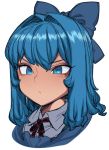  1girl blue_eyes blue_hair bow cirno close-up face hair_bow medium_hair neck_ribbon ribbon shirt simple_background solo space_jin touhou white_background 