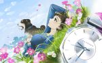  1girl bayashiko blue_shirt blue_sky brown_eyes brown_hair clouds day dog dutch_angle flower from_side grass hand_up klasse14 long_sleeves lying on_back original outdoors parted_lips petals pink_flower profile shirt short_sleeves skirt sky smile solo watch watch white_skirt 