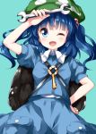  1girl ;d aqua_background arm_up backpack bag bangs blue_eyes blue_hair blue_shirt blue_skirt blush breasts cabbie_hat commentary_request cowboy_shot eyebrows_visible_through_hair green_hat hair_bobbles hair_ornament hand_on_hip hat highres holding holding_wrench kawashiro_nitori key long_hair looking_at_viewer one_eye_closed open_mouth pocket puffy_short_sleeves puffy_sleeves ruu_(tksymkw) shirt short_sleeves simple_background skirt small_breasts smile solo touhou two_side_up wing_collar wrench 
