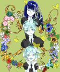  3others aaaa_(pinkume39goya) androgynous aqua_eyes aqua_hair blue_eyes blue_hair bug butterfly colored_eyelashes crystal_hair eyebrows_visible_through_hair eyes_visible_through_hair flower gem_uniform_(houseki_no_kuni) gold golden_arms green_background highres hime_cut houseki_no_kuni insect long_hair looking_at_viewer multiple_others multiple_persona necktie open_mouth phosphophyllite phosphophyllite_(ll) short_hair smile spoilers upper_body white_skin 