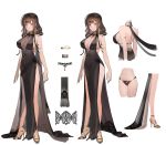  1girl ahoge alternate_costume armlet bangs bare_shoulders black_dress black_panties blunt_bangs blush breasts brown_hair choker cleavage closed_mouth dress dsr-50_(girls_frontline) earrings eyebrows_visible_through_hair girls_frontline gold_footwear hair_ornament high_heels highres jewelry lace lace_panties large_breasts liduke lingerie long_hair looking_at_viewer multiple_views no_bra official_art panties pendant red_eyes ruby_(stone) see-through sidelocks simple_background smile solo thighlet thighs underwear very_long_hair white_background 