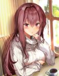  1girl blush coffee eyebrows_visible_through_hair fate/grand_order fate_(series) indoors long_hair long_sleeves looking_at_viewer pon_(ponidrop) red_eyes redhead scathach_(fate)_(all) scathach_(fate/grand_order) sketch solo sweater turtleneck turtleneck_sweater white_sweater window 