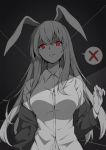  1girl absurdres animal_ears arm_at_side bangs baseness breasts bunny_girl cleavage collared_shirt dark_background dress_shirt eyebrows_visible_through_hair highres jacket large_breasts long_sleeves looking_at_viewer monochrome navel no_bra official_style open_clothes open_jacket parted_lips rabbit_ears red_eyes reisen_udongein_inaba shirt solo speech_bubble spoken_x spot_color touhou upper_body wing_collar 