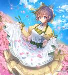  1girl apron apron_hold blue_eyes blue_sky bow braid brown_hair bug clouds copyright_name crown_braid day dragonfly field flower flower_field green_bow hair_between_eyes hair_bow insect interitio long_sleeves looking_at_viewer official_art outdoors petals pink_flower short_hair sid_story skirt sky smile watermark yellow_skirt 