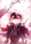  1girl armor armored_dress banner black_cape black_dress blood blood_on_face blood_splatter breasts cape chains dress emo_(ricemo) eyebrows_visible_through_hair fate/grand_order fate_(series) floating_hair fur_trim grin hair_between_eyes holding holding_sword holding_weapon jeanne_d&#039;arc_(alter)_(fate) jeanne_d&#039;arc_(fate)_(all) large_breasts looking_at_viewer petals short_hair signature silver_hair smile solo sword upper_body weapon white_background yellow_eyes 