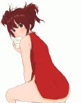  1girl ass bare_shoulders brown_eyes brown_hair china_dress chinese_clothes double_bun dress looking_at_viewer original red_dress sakimi3 