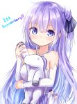  1girl anniversary azur_lane baram bare_shoulders collarbone commentary_request detached_sleeves dress eyebrows_visible_through_hair eyes_visible_through_hair hair_ornament long_hair looking_at_viewer purple_hair side_bun simple_background smile solo stuffed_unicorn unicorn_(azur_lane) violet_eyes white_background white_dress 