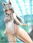  1girl absurdres animal_ears blush breasts brown_eyes casual_one-piece_swimsuit clenched_hands commentary_request covered_navel groin highleg highleg_swimsuit highres long_hair one-piece_swimsuit original silver_hair solo swimsuit tail white_swimsuit wolf_ears wolf_tail 