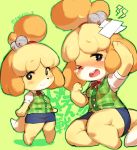  1girl animal_ears bandaid blazer blonde_hair blush breasts checkered dog dog_ears dog_tail doubutsu_no_mori eyebrows_visible_through_hair fur furry green_background hair_ornament highres jacket nintendo no_humans one_eye_closed open_mouth pencil_skirt puffy_short_sleeves puffy_sleeves red_neckwear shizue_(doubutsu_no_mori) short_sleeves simple_background skirt small_breasts smile solo_focus super_smash_bros. suurin_(ksyaro) tail tears text_focus tobidase:_doubutsu_no_mori topknot twitter_username yellow_fur 