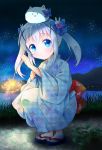  1girl alternate_hairstyle blue_eyes blue_hair blue_kimono blue_ribbon gochuumon_wa_usagi_desu_ka? hair_ornament hair_ribbon japanese_clothes kafuu_chino kimono night night_sky outdoors ratryu ribbon short_hair sky solo squatting star_(sky) starry_sky tabi twintails x_hair_ornament 