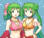  2girls bow bracelet breasts choker cleavage closed_mouth double_bun earrings fire_emblem fire_emblem:_seisen_no_keifu green_eyes green_hair hair_bow jewelry leen_(fire_emblem) long_hair medium_breasts midriff mother_and_daughter multiple_girls navel nintendo open_mouth pink_bow pirihiba ponytail smile sylvia_(fire_emblem) twintails twitter_username upper_body 