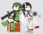 2girls bazooka black_hair black_neckwear blue_sailor_collar character_request closed_mouth commentary_request cyclops ebimomo eyebrows_visible_through_hair finger_on_trigger from_side green_hair green_legwear green_sailor_collar green_shirt green_skirt grey_background gun gundam hairband holding holding_gun holding_weapon horns long_sleeves looking_at_viewer looking_to_the_side mecha_musume multiple_girls neckerchief one-eyed personification pleated_skirt red_eyes rx-78-2 sailor_collar school_uniform serafuku shirt short_hair short_sleeves simple_background sitting skirt socks weapon white_legwear white_shirt white_skirt 