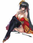  1girl ahoge azur_lane bangs bare_shoulders black_hair blush breasts cleavage collarbone commentary_request dress eyebrows_visible_through_hair finger_to_tongue gond grey_eyes hair_between_eyes hair_ornament highres huge_breasts japanese_clothes kimono knees_up long_hair looking_at_viewer obi off-shoulder_dress off_shoulder red_kimono red_ribbon ribbon sash short_kimono sitting slippers solo taihou_(azur_lane) thigh-highs tongue tongue_out twintails very_long_hair wide_sleeves 