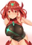  1girl bangs black_swimsuit breasts covered_navel earrings fingerless_gloves gloves headpiece pyra_(xenoblade) jewelry large_breasts looking_at_viewer nintendo one-piece_swimsuit red_eyes redhead short_hair sidelocks simple_background solo swept_bangs swimsuit tiara white_background xenoblade_(series) xenoblade_2 zukky 