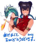  1girl 2012 :d akeome bare_shoulders black_hair breasts breathing_fire brown_eyes china_dress chinese_clothes chinese_zodiac commentary_request copyright_request dated double_bun dragon dress eastern_dragon fire hands_up happy_new_year large_breasts looking_at_viewer new_year open_mouth red_dress short_hair simple_background smile solo tetsu_(kimuchi) translated white_background wristband year_of_the_dragon 