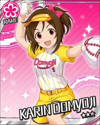  baseball blush brown_hair character_name domyouji_karin gloves idolmaster idolmaster_cinderella_girls jersey red_eyes short_hair smile sports stars 