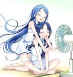  2girls :d ^_^ ^o^ bangs bare_arms bare_legs bare_shoulders barefoot black_neckwear blue_eyes blue_hair blue_sailor_collar blush closed_eyes closed_eyes commentary_request electric_fan floating_hair gradient_hair green_eyes hot indian_style indoors kantai_collection kneeling kumadano long_hair low_twintails miniskirt multicolored_hair multiple_girls neckerchief no_gloves no_legwear open_mouth outstretched_arms outstretched_hand sailor_collar samidare_(kantai_collection) school_uniform serafuku shirt simple_background single_horizontal_stripe sitting skirt sleeveless sleeveless_shirt smile suzukaze_(kantai_collection) swept_bangs tatami twintails very_long_hair white_background white_shirt white_skirt wind wind_lift 