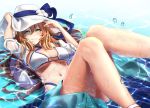  1girl alternate_costume arm_up bangs bare_legs bikini blue_ribbon blush breasts brown_hair cleavage collarbone day eyebrows_visible_through_hair flower foot_up girls_frontline green_eyes groin hair_between_eyes hair_ribbon hair_rings hand_on_headwear hat hat_flower hat_ribbon highres knees_together_feet_apart knees_up large_breasts long_hair looking_at_viewer lying m1903_springfield_(girls_frontline) navel o-ring o-ring_top ocean on_back open_clothes open_shirt outdoors parted_lips partially_submerged ribbon ripples rshow sarong see-through shirt sidelocks skindentation smile solo stomach sun_hat swimsuit thighs wet white_bikini white_shirt 
