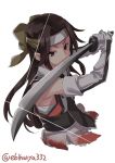  1girl black_neckwear brown_eyes brown_hair closed_mouth ebifurya forehead_protector gloves green_ribbon hair_ornament highres holding holding_weapon jintsuu_(kantai_collection) kantai_collection katana long_hair looking_at_viewer necktie ribbon simple_background solo sword twitter_username weapon white_gloves 