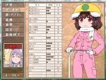  2girls :3 adapted_costume animal_ears bangs belt blush breast_pocket brown_background brown_hair carrot_print character_name closed_eyes commentary_request eyebrows_visible_through_hair feet_out_of_frame food_print gloves hair_between_eyes hand_on_hip hand_up hardhat hat helmet inaba_tewi jacket long_hair long_sleeves looking_at_viewer multiple_girls pants pink_jacket pink_pants pocket purple_hair rabbit_ears red_eyes reisen_udongein_inaba scarf shirosato short_hair shovel smile standing touhou translation_request white_gloves white_scarf wing_collar yellow_hat 