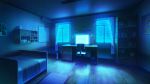  air_conditioner bed blue book bookshelf carpet chair computer curtains desk_lamp highres indoors lamp monitor neon_lights night no_humans original painting_(object) rkmlady shelf trash_can window 