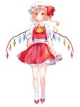  1girl absurdres ascot bangs blonde_hair blush bow closed_mouth commentary_request crystal eyebrows_visible_through_hair fang fang_out flandre_scarlet frilled_shirt_collar frills full_body hat hat_bow highres long_hair looking_at_viewer mob_cap moko_(3886397) one_side_up petticoat pleated_skirt puffy_short_sleeves puffy_sleeves red_bow red_eyes red_footwear red_skirt red_vest shirt shoes short_sleeves simple_background skirt skirt_set smile socks solo standing touhou twitter_username vest white_background white_hat white_legwear white_shirt wings yellow_neckwear 