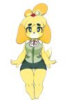  1girl absurdres animal_ears ass_visible_through_thighs barefoot bell black_eyes blonde_hair blush_stickers breasts claws dog_ears dog_girl dog_tail doubutsu_no_mori eyebrows_visible_through_hair female full_body furry green_skirt green_vest hair_bell hair_ornament hair_tie happy highres jingle_bell looking_at_viewer medium_breasts miniskirt neck_ribbon nintendo no_humans panties pantyshot pantyshot_(standing) pencil_skirt red_neckwear red_ribbon ribbon shiny shiny_hair shiny_skin shirt shizue_(doubutsu_no_mori) short_hair short_sleeves simple_background skirt slugbox smile solo standing tail thigh_gap tied_hair topknot underwear vest white_background white_panties white_shirt 