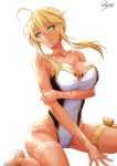  1girl ahoge artoria_pendragon_(all) artoria_pendragon_(lancer) bangs bare_shoulders bikini_tan braid breasts cleavage closed_mouth commentary_request covered_navel eyelashes fate/grand_order fate_(series) french_braid green_eyes hair_between_eyes high_heels highres hips large_breasts long_hair looking_at_viewer one-piece_swimsuit sakiyamama sandals sidelocks simple_background sitting smile solo swept_bangs swimsuit tan tanline thigh_strap thighs two-tone_swimsuit wariza white_background white_swimsuit 