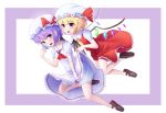  2girls absurdres bare_legs blonde_hair bloomers blush crystal demon_wings dress dress_lift fang flandre_scarlet full_body hat hat_ribbon highres lifted_by_another looking_at_another looking_back mary_janes multiple_girls purple_hair red_eyes red_ribbon red_skirt red_vest remilia_scarlet ribbon shoes short_hair siblings sisters skirt touhou underwear vest white_dress wings 