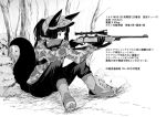  1girl aiming animal_ears bangs batta_(kanzume_quality) blunt_bangs boots bush camouflage_jacket ears_through_headwear elbows_on_knees fox_ears fox_tail gloves greyscale gun hat holding holding_gun holding_weapon hunting jacket legs_apart long_sleeves monochrome original outdoors ponytail rifle scope sitting sniper_rifle solo tail translation_request tree weapon 