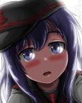  1girl admiral_paru akatsuki_(kantai_collection) anchor_symbol artist_name blush commentary eyebrows_visible_through_hair flat_cap hair_between_eyes hat highres kantai_collection long_hair looking_at_viewer open_mouth purple_hair school_uniform serafuku simple_background solo twitter_username violet_eyes 