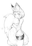  1girl ahoge animal_ear_fluff animal_ears bangs bare_legs between_legs bike_shorts blunt_bangs blush cowboy_shot fox fox_ears fox_girl fox_girl_(jaco) fox_tail greyscale holding_own_tail jaco large_tail looking_at_viewer monochrome off_shoulder original short_hair short_hair_with_long_locks short_sleeves sidelocks simple_background solo standing sweater tail tail_between_legs tail_hug thick_eyebrows white_background 