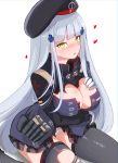  10eki_(tenchou) 1girl ammunition_pouch arm_under_breasts bangs beret black_legwear blunt_bangs blush bow bow_panties breast_suppress breasts cleavage clothes_writing damaged eyebrows_visible_through_hair facial_mark flying_heart german_flag girls_frontline gloves green_eyes gun hair_ornament hat highres hk416_(girls_frontline) jacket long_hair looking_at_viewer magazine_(weapon) medium_breasts open_mouth panties plaid plaid_skirt pleated_skirt pouch silver_hair simple_background sitting skirt solo sweatdrop teardrop thigh-highs thighs torn_clothes torn_jacket torn_skirt torn_thighhighs underwear very_long_hair wariza weapon white_background white_panties 