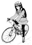  1girl batta_(kanzume_quality) bicycle bicycle_helmet bottle bow bowtie cardigan closed_mouth collared_shirt commentary_request fingerless_gloves gloves greyscale ground_vehicle helmet long_hair long_sleeves looking_at_viewer monochrome original pleated_skirt school_uniform shirt simple_background skirt solo water_bottle white_background wing_collar 
