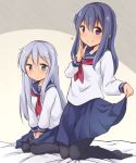  2girls akatsuki_(kantai_collection) black_legwear blue_eyes blue_hair blue_skirt eyebrows_visible_through_hair heart hibiki_(kantai_collection) kantai_collection kneeling lifted_by_self long_hair long_sleeves looking_at_viewer multiple_girls neckerchief no_shoes on_bed pantyhose pleated_skirt red_neckwear school_uniform serafuku silver_hair sitting skirt skirt_lift smile tobi_(nekomata_homara) violet_eyes wariza 