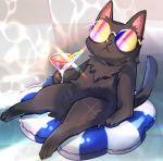  black_cat cat cat_focus cocktail_glass cup drink drinking_glass furry highres innertube interitio looking_at_viewer no_humans original sitting sunglasses what 
