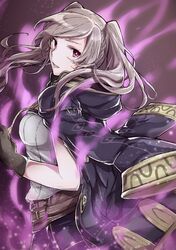  1girl aiueo1234853 aura belt brown_gloves dark_aura female_my_unit_(fire_emblem:_kakusei) fire_emblem fire_emblem:_kakusei fire_emblem_heroes from_side gimurei gloves grey_hair highres looking_to_the_side my_unit_(fire_emblem:_kakusei) nintendo open_clothes open_robe parted_lips red_eyes robe solo twintails 